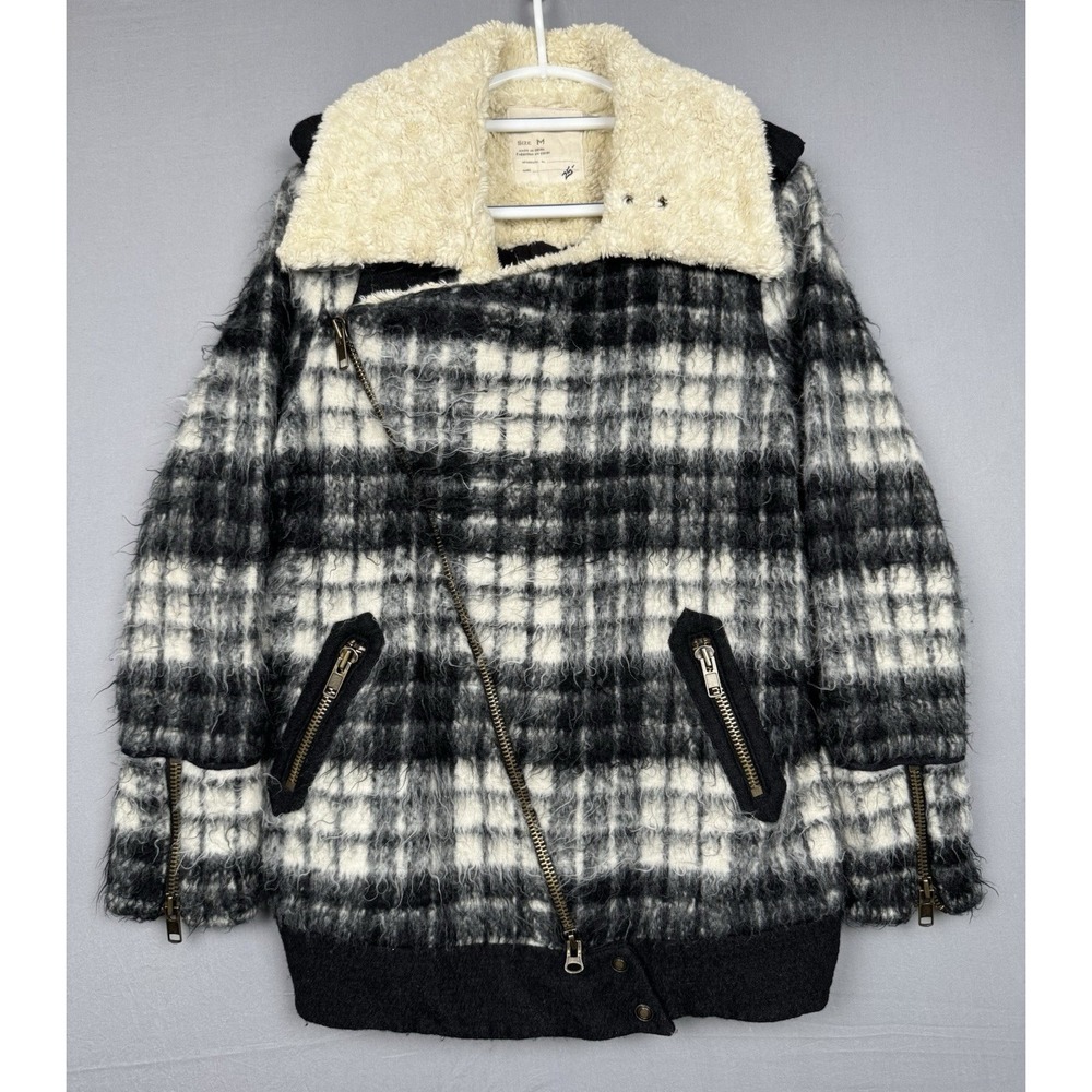 Free People Sherpa Jacket Womens Medium Gray Plaid Wool Black Cotton Lined Moto